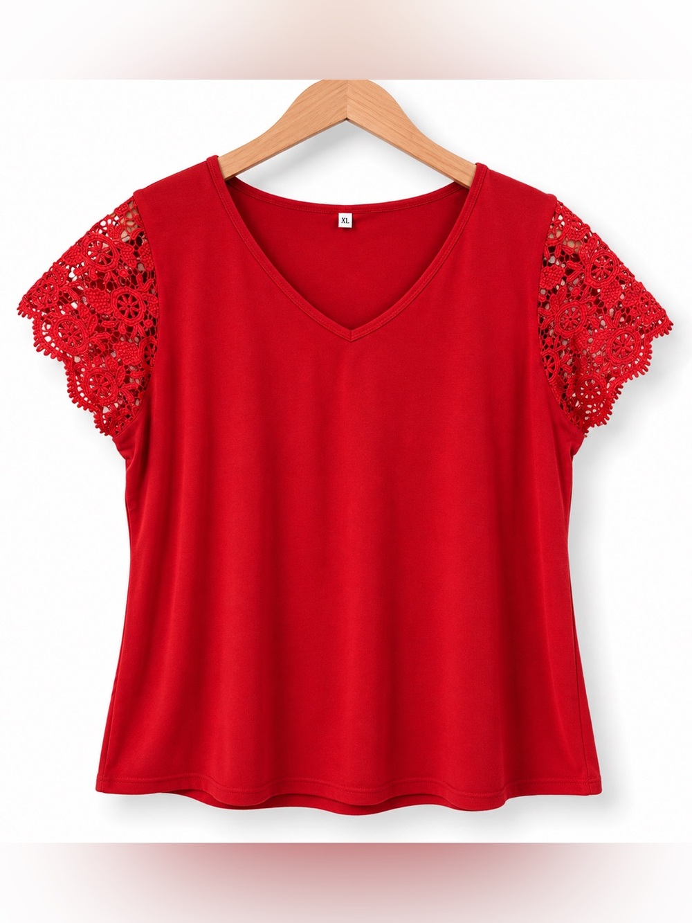 DeSol Red V Neck Crochet Lace Sleeve Top XL Stretch Blouse